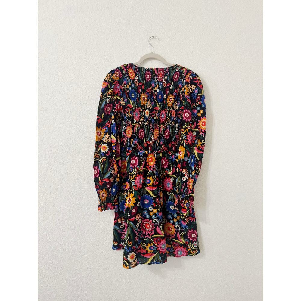 Boden Floral Smocked Cotton Mini Dress Long Sleeve Black Boho Size 12 - Picture 5 of 7